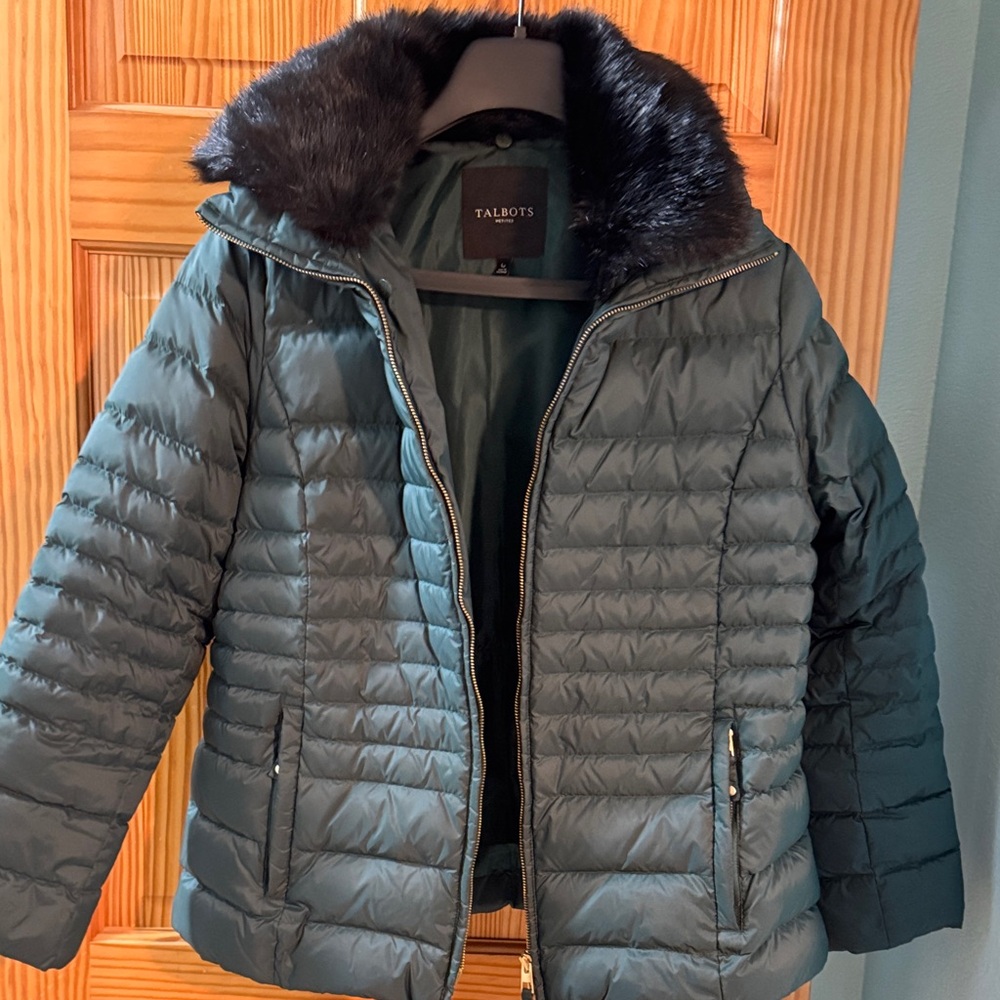 Talbots Green Puffer Jacket with Faux Fur Collar